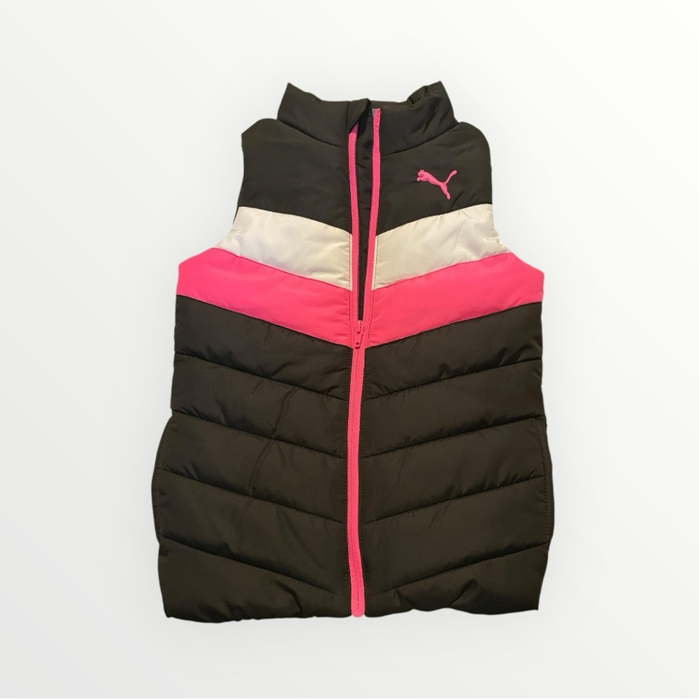 Puma Puffer Vest Girls Size XS 5/6 Black Hot Pink White Zip Up